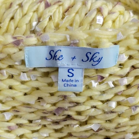 She + Sky Sweater Womens Small Yellow Long Sleeve V Neck Open Knit - Picture 8 of 10